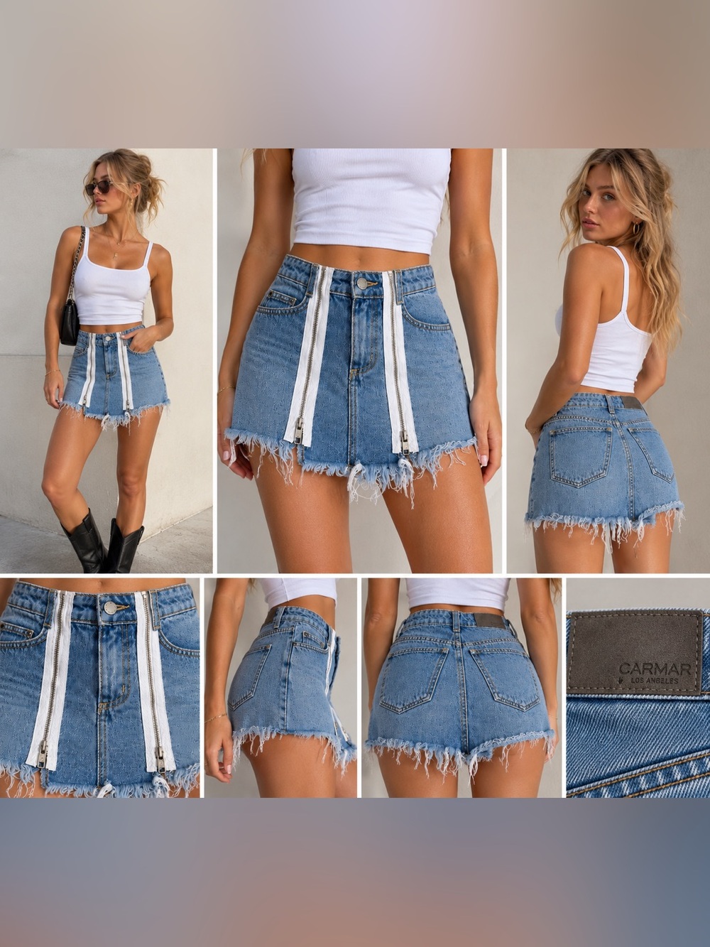 LF Carmar Los Angeles Denim Mini Skirt Double Zipper Distressed Size 25